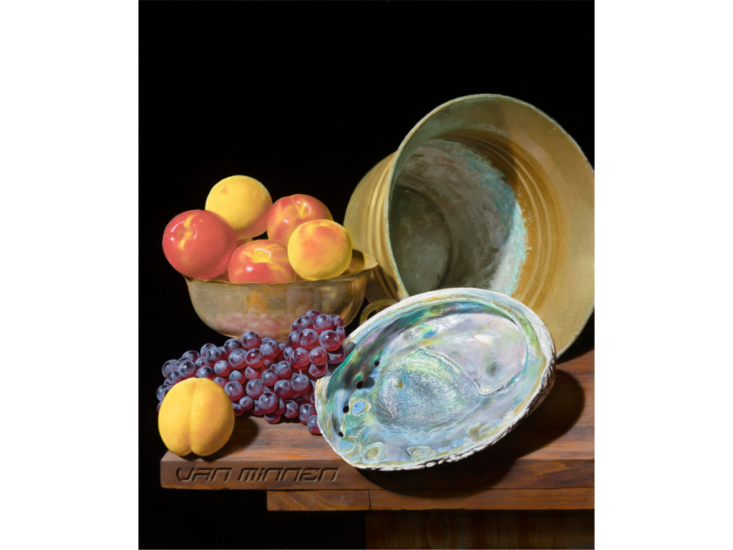 Christian Rex van Minnen　Still Life with Grapes Brass Pot Abalone Nectarines and Yellow Peaches　2025