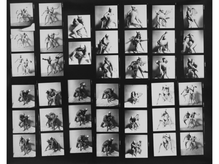 Contact sheet of two men wrestling in a studio from the floor of Bacon's Studio, ca. 1975, Prov.