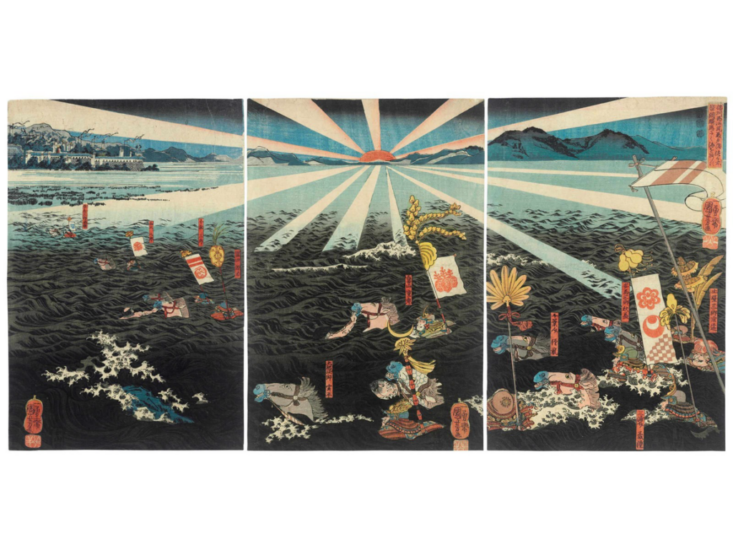 国芳　播州袖河尻藤戸浜佐々木盛綱騎馬にて海を渉る 嘉永2-3年　1849-50